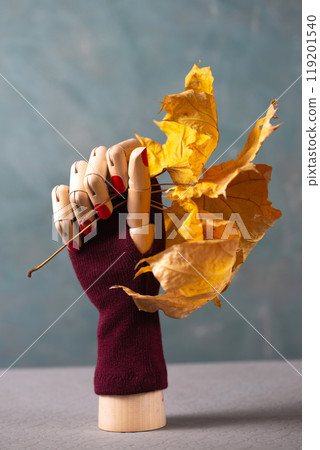 A movable wooden mannequin of a hand dressed in a knitted burgundy mitten holds yellowed leaves 119201540