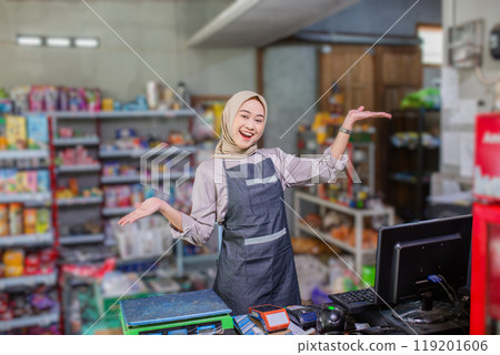 A Cheerful and Friendly Shopkeeper Working in a Bustling Convenience Store A Cheerful and Friendly Shopkeeper Working in a Bustling Convenience Store 119201606
