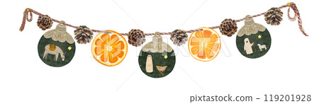 Orange slices pine cone with Christmas balls on a jute rope watercolor border isolated on white background. High quality hand drawn art perfect for posters, cards, website, banners, Christmas design Orange slices pine cone with Christmas balls on a jute rope watercolor border isolated on white background. High quality hand drawn art perfect for posters, cards, website, banners, Christmas design 119201928
