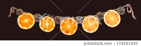 Orange slices and pine cones tied with a jute rope decor watercolor banner on dark background. High quality hand drawn art perfect for food design, posters, cards, organic food logo, Christmas design 119201930