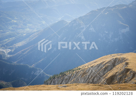 Autumnal landscape scenery with orange grass and mountains in background, Austria, Europe 119202128