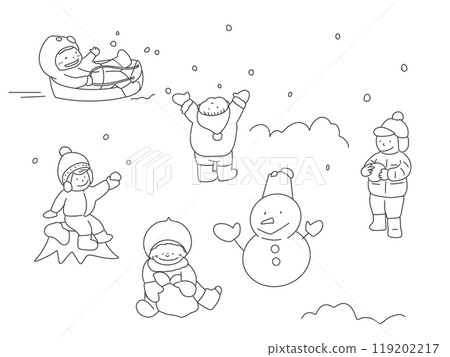 Monochrome illustration of children playing in the snow Monochrome illustration of children playing in the snow 119202217