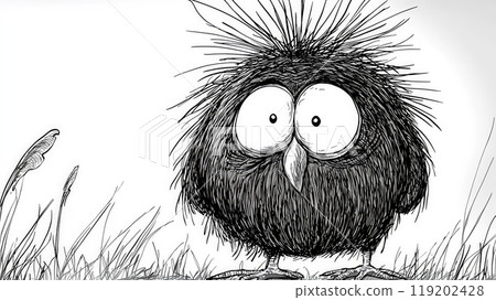 This charming black-and-white cartoon features a nervous kiwi, depicted with exaggerated expressions and frazzled lines. Generative AI 119202428