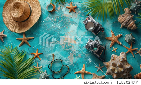 A family vacation collage with travel photos and summer-themed decorations. 119202477