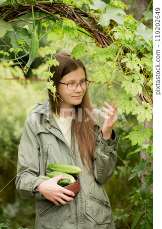 A teenage girl harvests a harvest and looks at the fruit of a momordica in garden in surprise A teenage girl harvests a harvest and looks at the fruit of a momordica in garden in surprise 119202649