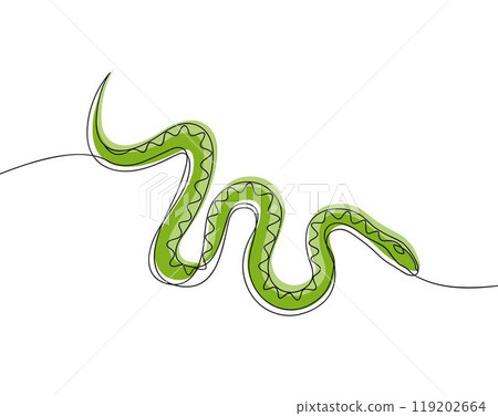 Continuous line drawing of crawling poisonous snake. Minimalist black linear sketch isolated on white background. Hand drawn vector illustration. Continuous line drawing of crawling poisonous snake. Minimalist black linear sketch isolated on white background. Hand drawn vector illustration. 119202664