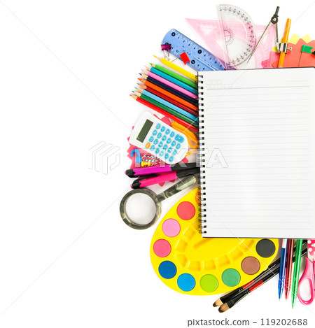 Set of stationery and school supplies isolated on a white. There is free space for text. 119202688