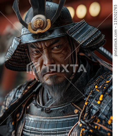 Close-up of a Japanese samurai warrior in traditional armor with intense expression, battle-worn face. Close-up of a Japanese samurai warrior in traditional armor with intense expression, battle-worn face. 119202765