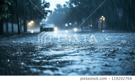 Heavy rain pouring down on a dark city street, water pooling on the road surface. Heavy rain pouring down on a dark city street, water pooling on the road surface. 119202768