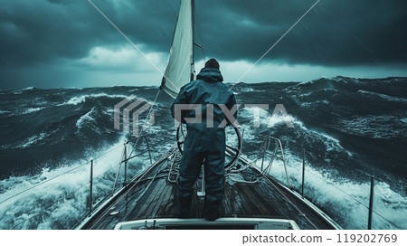 Fisherman on a Sailboat Navigating Through Rough Seas. The dark, stormy sky and choppy waves create an intense and challenging environment 119202769
