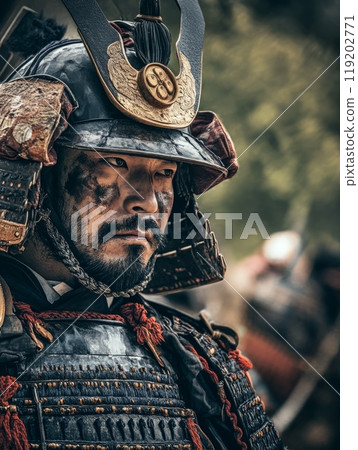 Close-up of a Japanese samurai warrior in traditional armor with intense expression, battle-worn face. 119202771