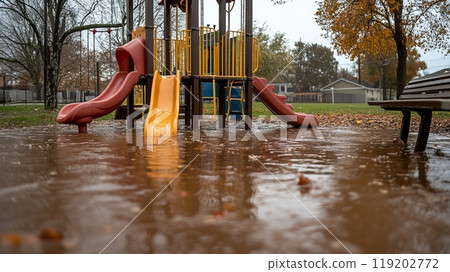 looded playground with water covering slides and swings, autumn leaves floating. 119202772