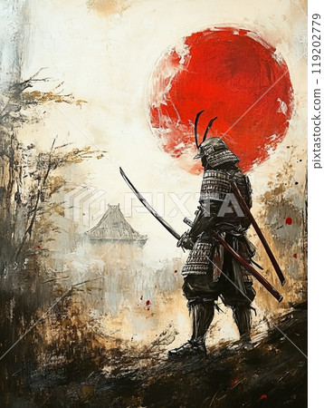 Samurai warrior walking in misty landscape under a red sun, holding katana, traditional Japanese art. Samurai warrior walking in misty landscape under a red sun, holding katana, traditional Japanese art. 119202779