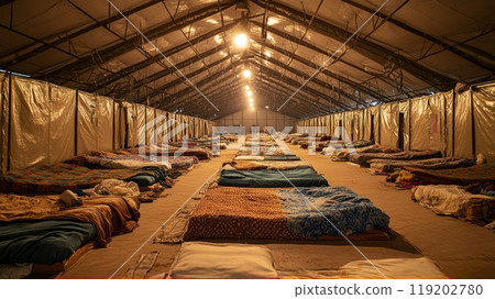 Large emergency shelter with rows of beds, dimly lit, prepared for flood victims. 119202780
