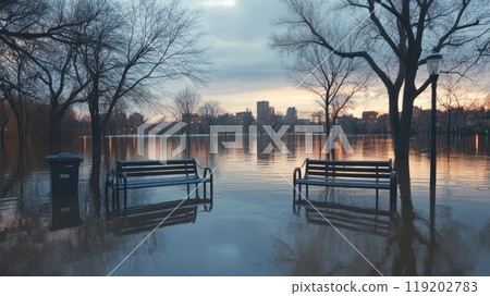 Flooded park with benches and a trash can partially submerged, city skyline in the distance at sunset. 119202783