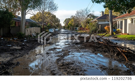 Muddy residential street after flooding, debris and branches scattered around, clear sky. 119202786