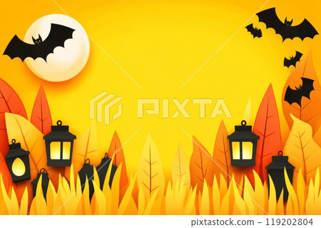 Silhouettes of bats flying across full moon in a glowing orange Halloween night sky. 119202804