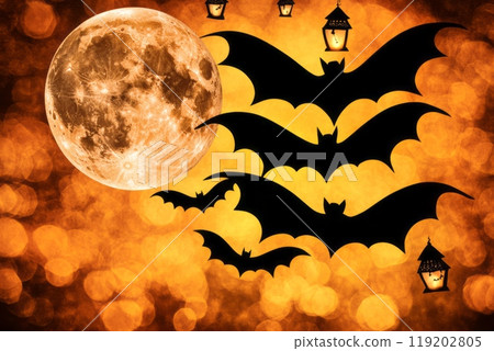 Silhouettes of bats flying across full moon in a glowing orange Halloween night sky. 119202805