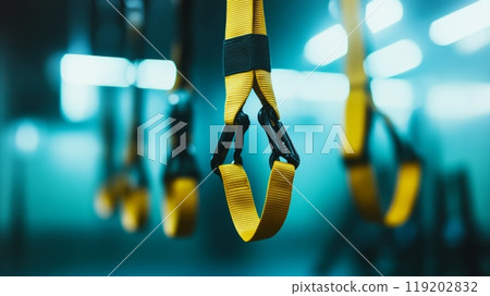 A close-up of suspension training straps (like TRX) hanging from the ceiling in a gym. 119202832