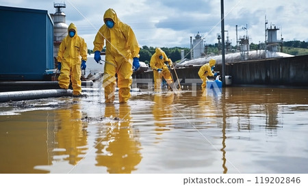 People in hazmat suits wading through floodwater near an industrial area, safety measures in action. 119202846