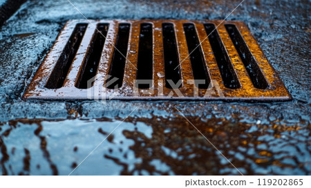 Close-Up of Sewer Grate on a Wet Street Close-Up of Sewer Grate on a Wet Street 119202865