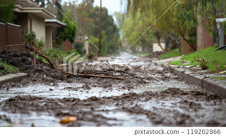 Muddy residential street after flooding, debris and branches scattered around, clear sky. 119202866