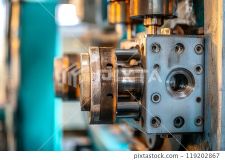 Close-up of Industrial Press Mechanism During Operation Close-up of Industrial Press Mechanism During Operation 119202867