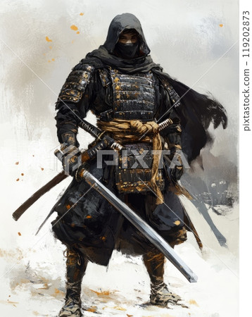 Mysterious samurai warrior in dark armor and hood holding katana 119202873