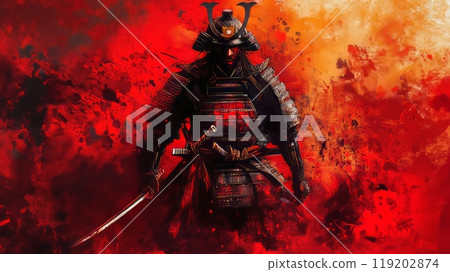 Fierce samurai warrior in red battle armor against a fiery background, holding a katana, intense scene. 119202874