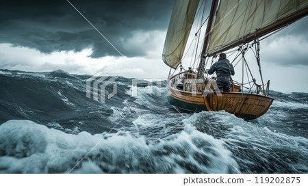 Fisherman on a Sailboat Navigating Through Rough Seas. The dark, stormy sky and choppy waves create an intense and challenging environment Fisherman on a Sailboat Navigating Through Rough Seas. The dark, stormy sky and choppy waves create an intense and challenging environment 119202875