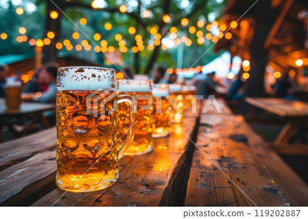Oktoberfest beer mugs on a wooden table, warm lights in the background 119202887