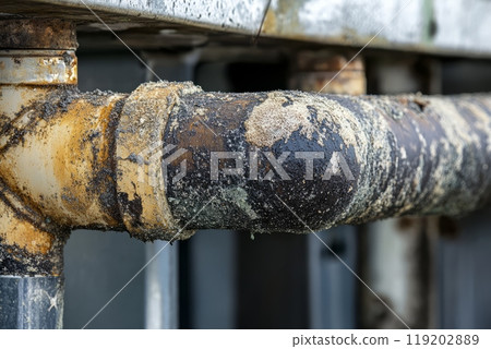 Close-up of a dirty, corroded pipe with rust and grime buildup Close-up of a dirty, corroded pipe with rust and grime buildup 119202889