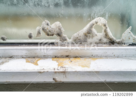 Close-up of mold growth on a window frame with condensation Close-up of mold growth on a window frame with condensation 119202899