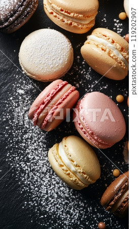 Stacked macarons dusted with powdered sugar 119202907