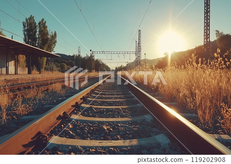 Long railway tracks disappearing into the distance, surrounded by dry grass under the bright sun. 119202908
