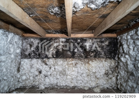 Close-up of moldy insulation inside a wall cavity, showing damage, moisture, and decay. 119202909