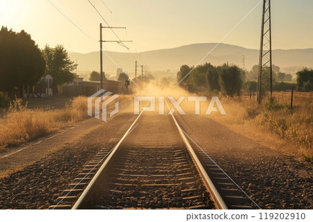Long railway tracks disappearing into the distance, surrounded by dry grass under the bright sun. 119202910