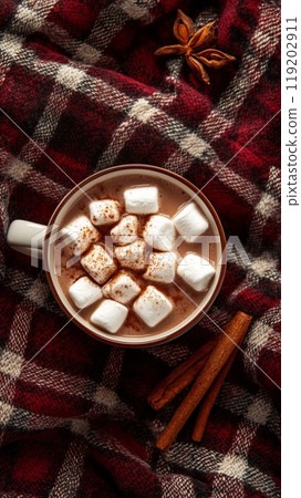 Hot Chocolate with Marshmallows on a Checkered Blanket 119202911