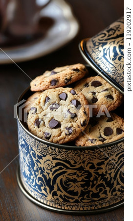 Chocolate chip cookies neatly arranged in an ornate tin box Chocolate chip cookies neatly arranged in an ornate tin box 119202917