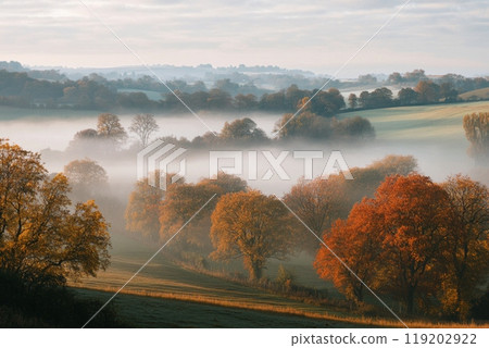 Misty autumn landscape with rolling hills, colorful trees, and low-lying fog creating a dreamy scene. Misty autumn landscape with rolling hills, colorful trees, and low-lying fog creating a dreamy scene. 119202922