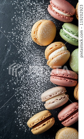 Stacked macarons dusted with powdered sugar Stacked macarons dusted with powdered sugar 119202923