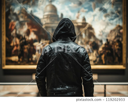 Art theft: Masked thief stands in front of museum's priceless painting Art theft: Masked thief stands in front of museum's priceless painting 119202933