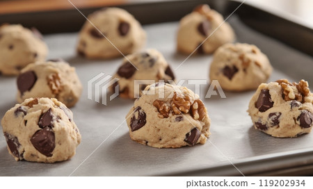 Cookie dough balls with chocolate chunks and walnut pieces arranged on a baking sheet Cookie dough balls with chocolate chunks and walnut pieces arranged on a baking sheet 119202934