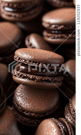 Rich chocolate macarons with glossy filling, stacked together Rich chocolate macarons with glossy filling, stacked together 119202935