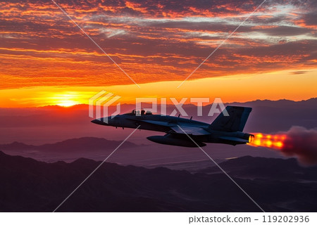 Fighter jet flying at sunset with afterburners, dramatic sky, aerial view, speed. Fighter jet flying at sunset with afterburners, dramatic sky, aerial view, speed. 119202936