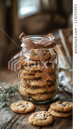 Jar filled with homemade cookies tied with a ribbon, creating a warm and festive atmosphere 119202953