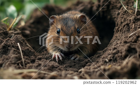 Mouse Peeking Out of a Burrow 119202962