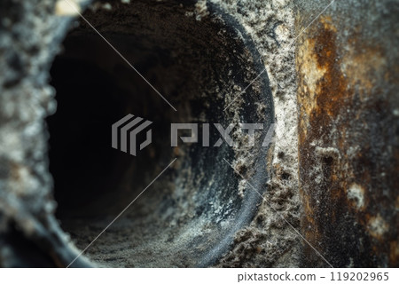 Inside view of a moldy and dusty air duct, indicating need for professional cleaning. Inside view of a moldy and dusty air duct, indicating need for professional cleaning. 119202965