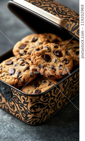 Chocolate chip cookies neatly arranged in an ornate tin box 119202969