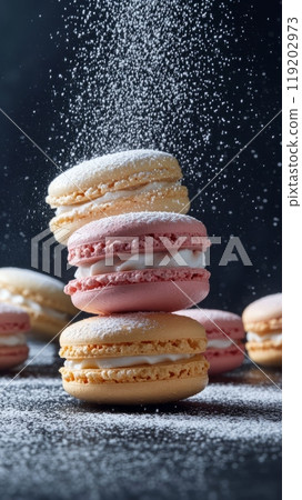 Stacked macarons dusted with powdered sugar 119202973